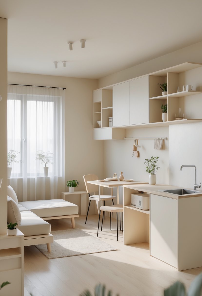 A small studio apartment showing a complete room layout with a bed, sofa, dining table, and storage in light neutral colors.