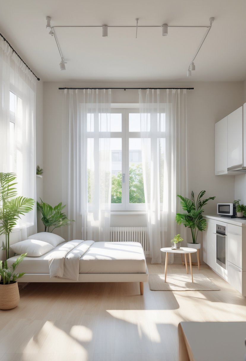 Small studio apartment with sheer curtains allowing natural light, showing a bed, sofa, coffee table, kitchenette, and plants in one open space.