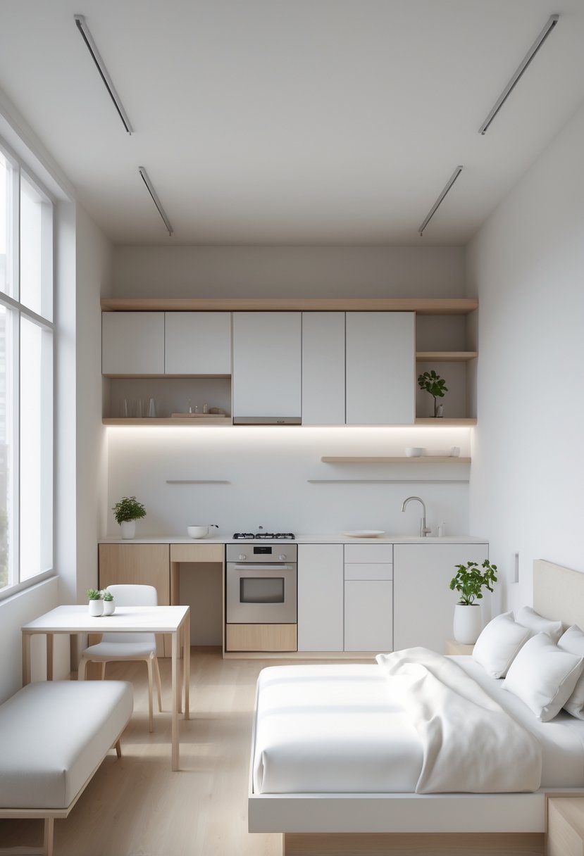 A small studio apartment with a living area, dining table, kitchenette, and bed arranged in an open layout with minimalist furniture and natural light.