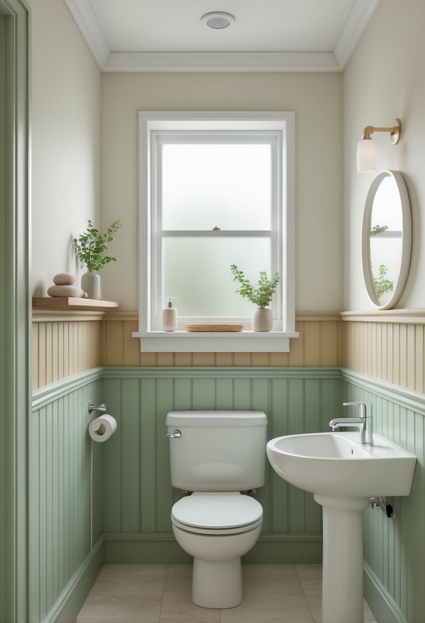 Small half bathroom with painted wainscoting, pedestal sink, round mirror, and natural light coming through a frosted window.