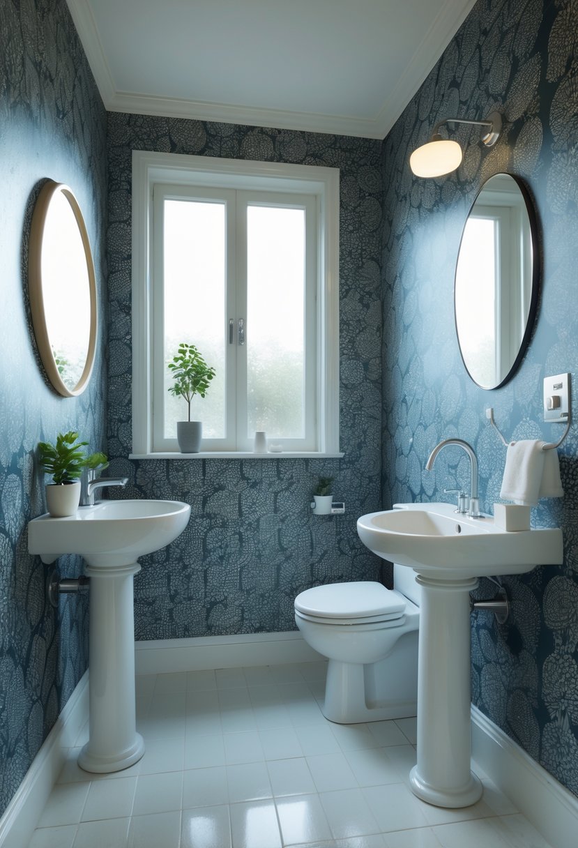 A small half bathroom with bold patterned wallpaper, a pedestal sink, wall-mounted toilet, round mirror, and a potted plant on a shelf.