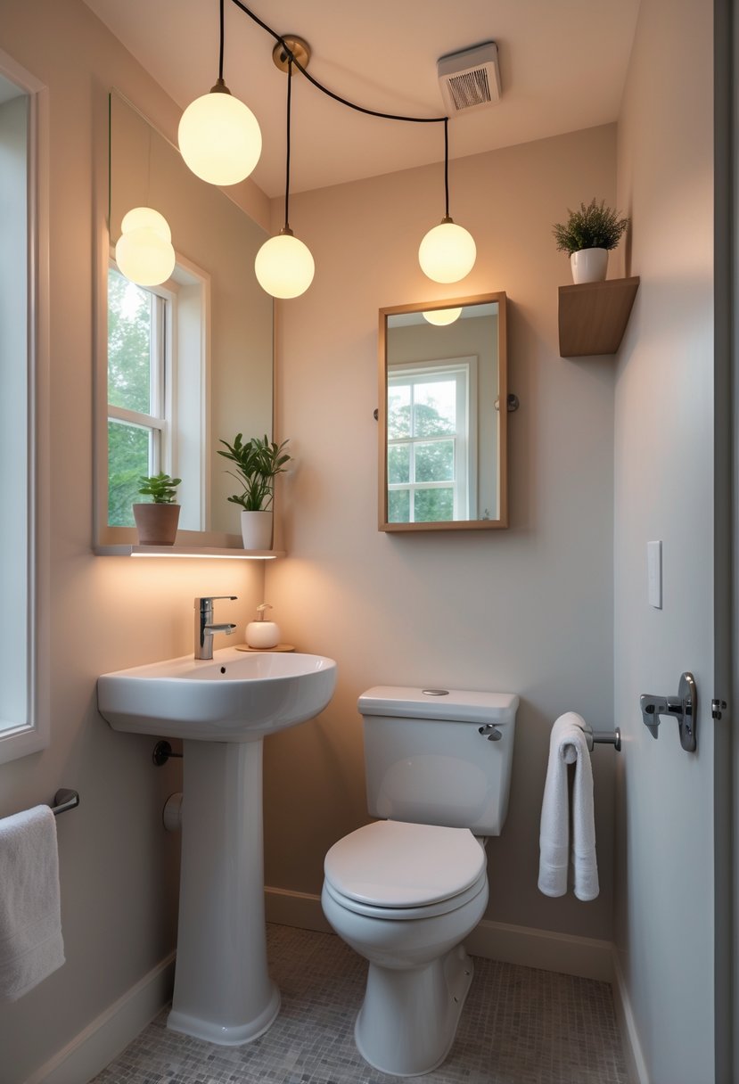 Small half bathroom with warm globe light fixtures, a pedestal sink, wall-mounted toilet, and a mirror, showing the complete room layout.
