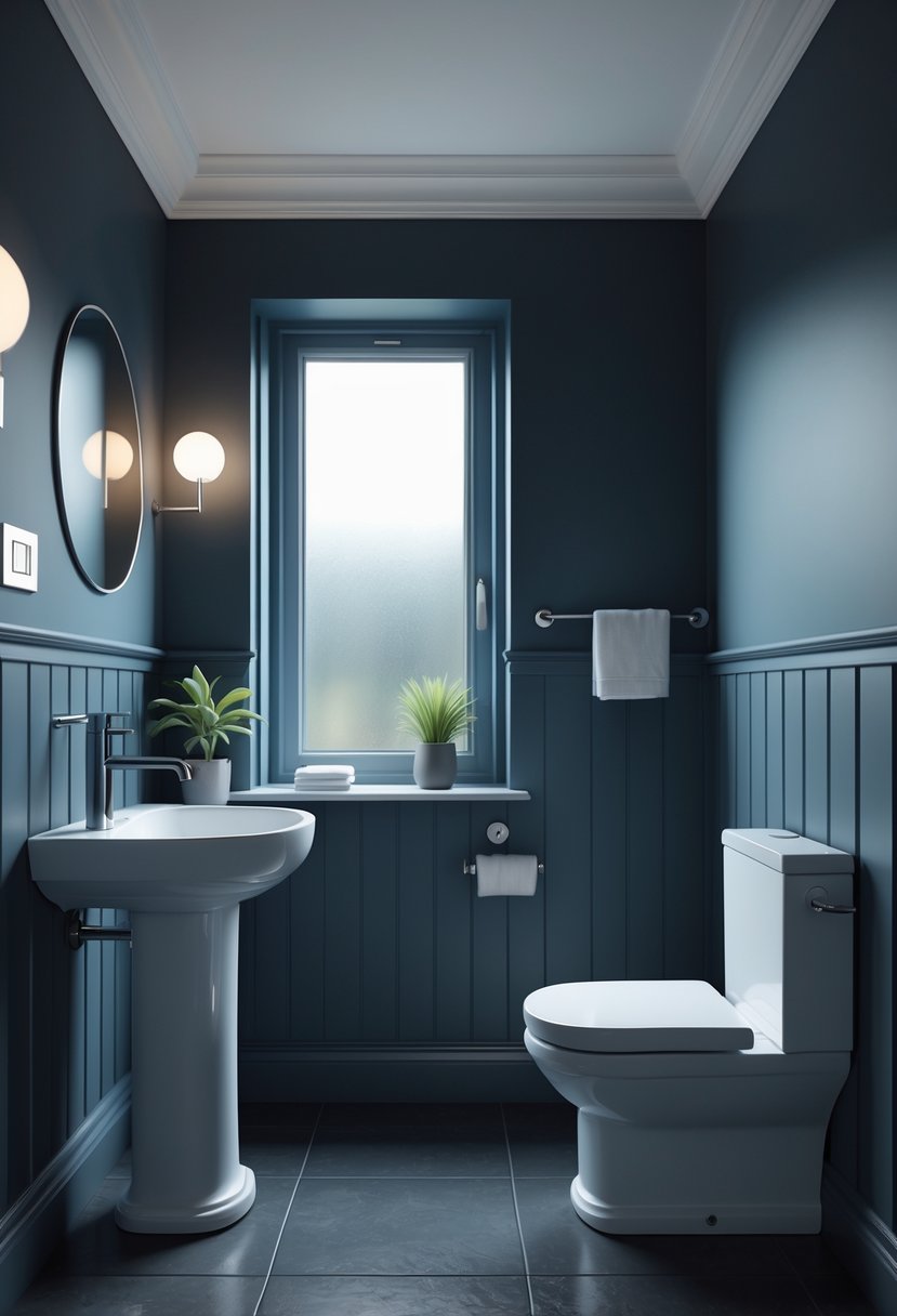 A small half bathroom with deep navy walls, a pedestal sink, a toilet, a wall mirror, and a small window letting in natural light.
