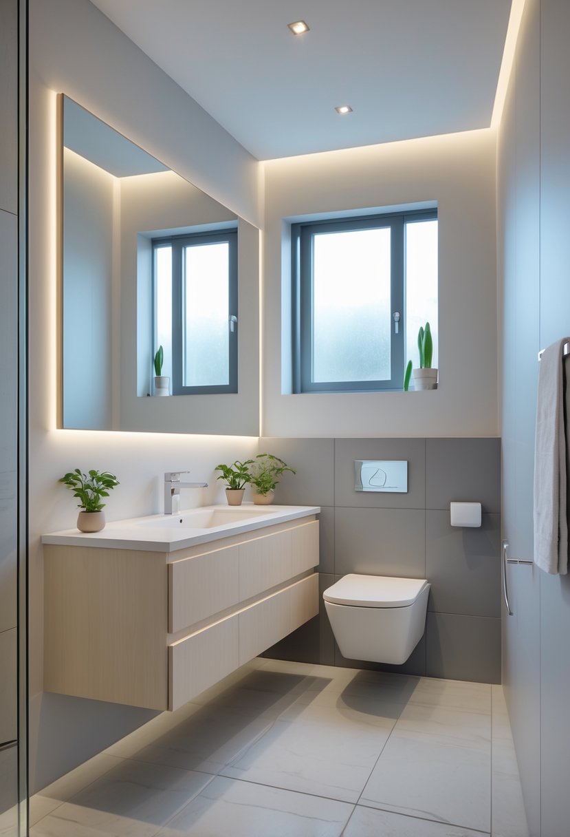 A small half bathroom with a floating vanity, wall-mounted toilet, mirror, and neutral-colored walls.