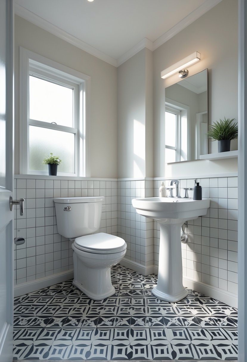 Small half bathroom with black and white patterned tile floor, white pedestal sink, wall-mounted toilet, and a small frosted window letting in natural light.