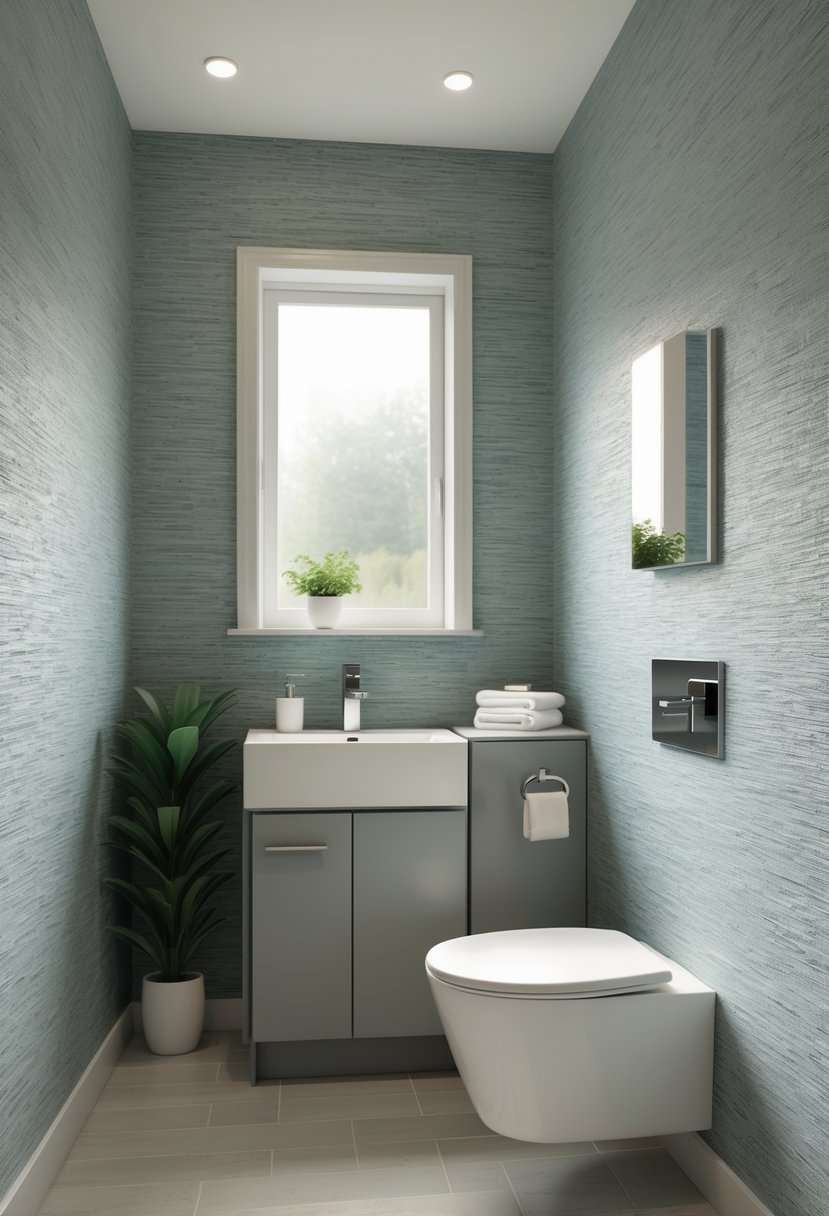 Small half bathroom with textured wallpaper, a compact vanity with mirror, toilet, and natural light from a frosted window.