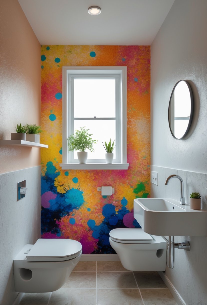 Small half bathroom with a vibrant mural wall, pedestal sink, wall-mounted toilet, and a small frosted window.
