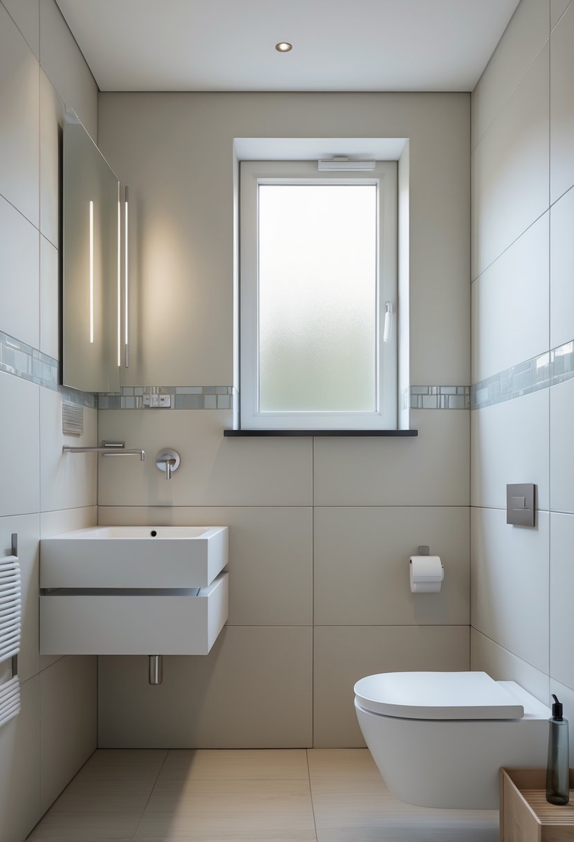 Small half bathroom with a wall-mounted sink, wall-mounted toilet, mirror, and light-colored tiles, showing a complete compact room layout.