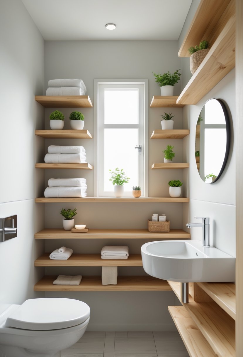 Small half bathroom with natural wood open shelves, a white toilet, pedestal sink, round mirror, and neutral tiled floor.