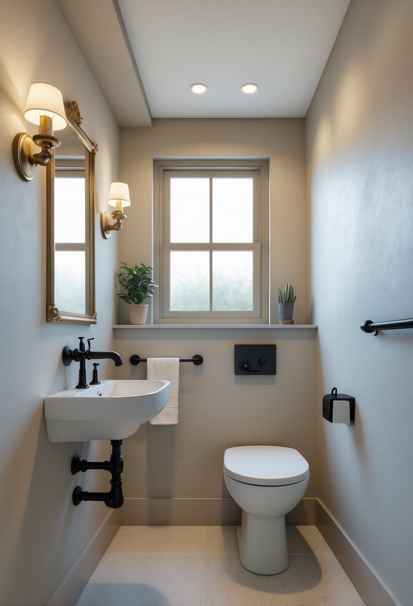 Small half bathroom with a pedestal sink, wall-mounted toilet, and a window, featuring brass and black fixtures.
