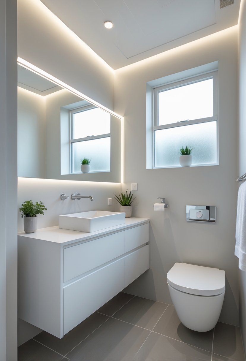 Small half bathroom with a floating vanity, frameless mirror, wall-mounted toilet, and natural light from a frosted window.