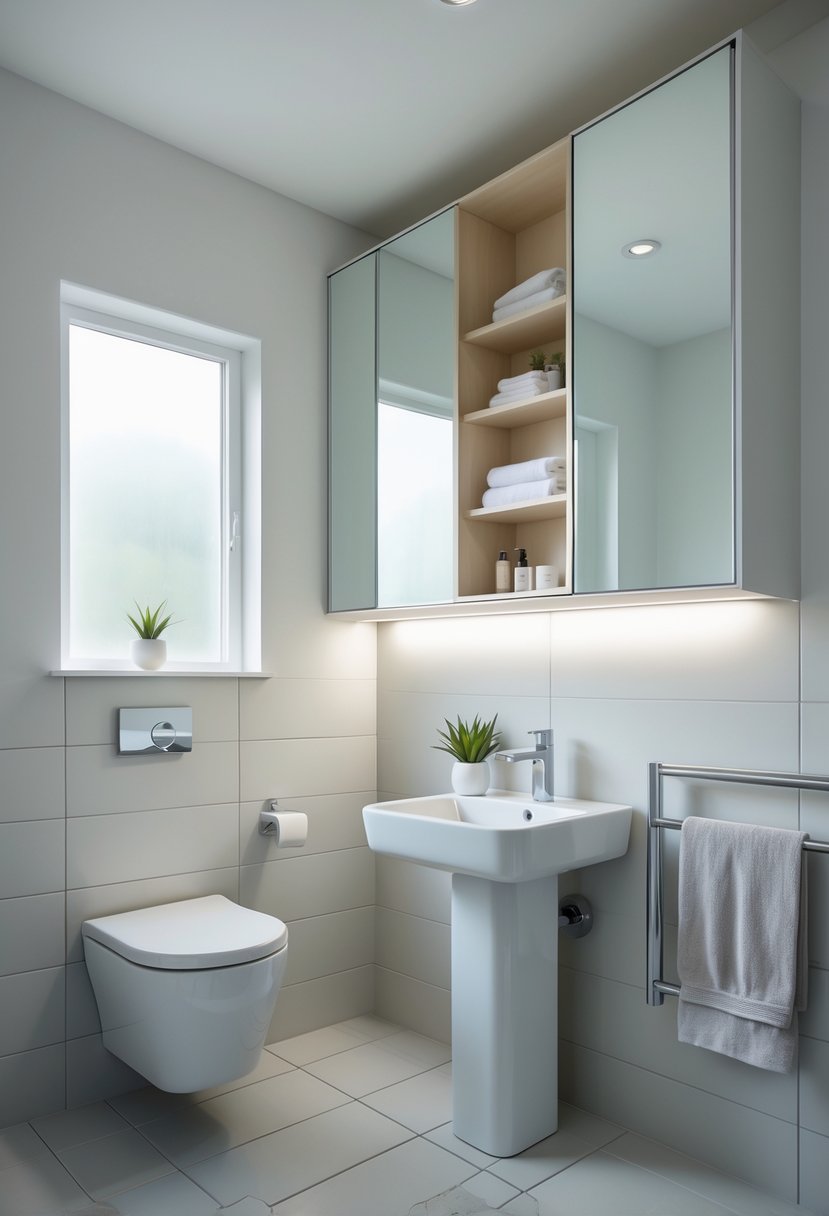 Small half bathroom with a wall-mounted toilet, pedestal sink, and mirrored cabinets with concealed storage behind them.