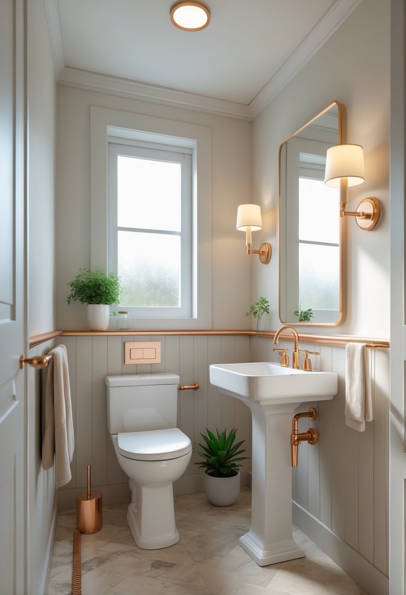 A small half bathroom with a pedestal sink, wall-mounted toilet, mirror, and subtle gold and copper fixtures.