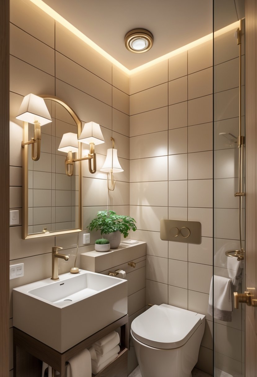 A small half bathroom with a vanity, wall-mounted toilet, wall sconces, and pendant lights illuminating the space.