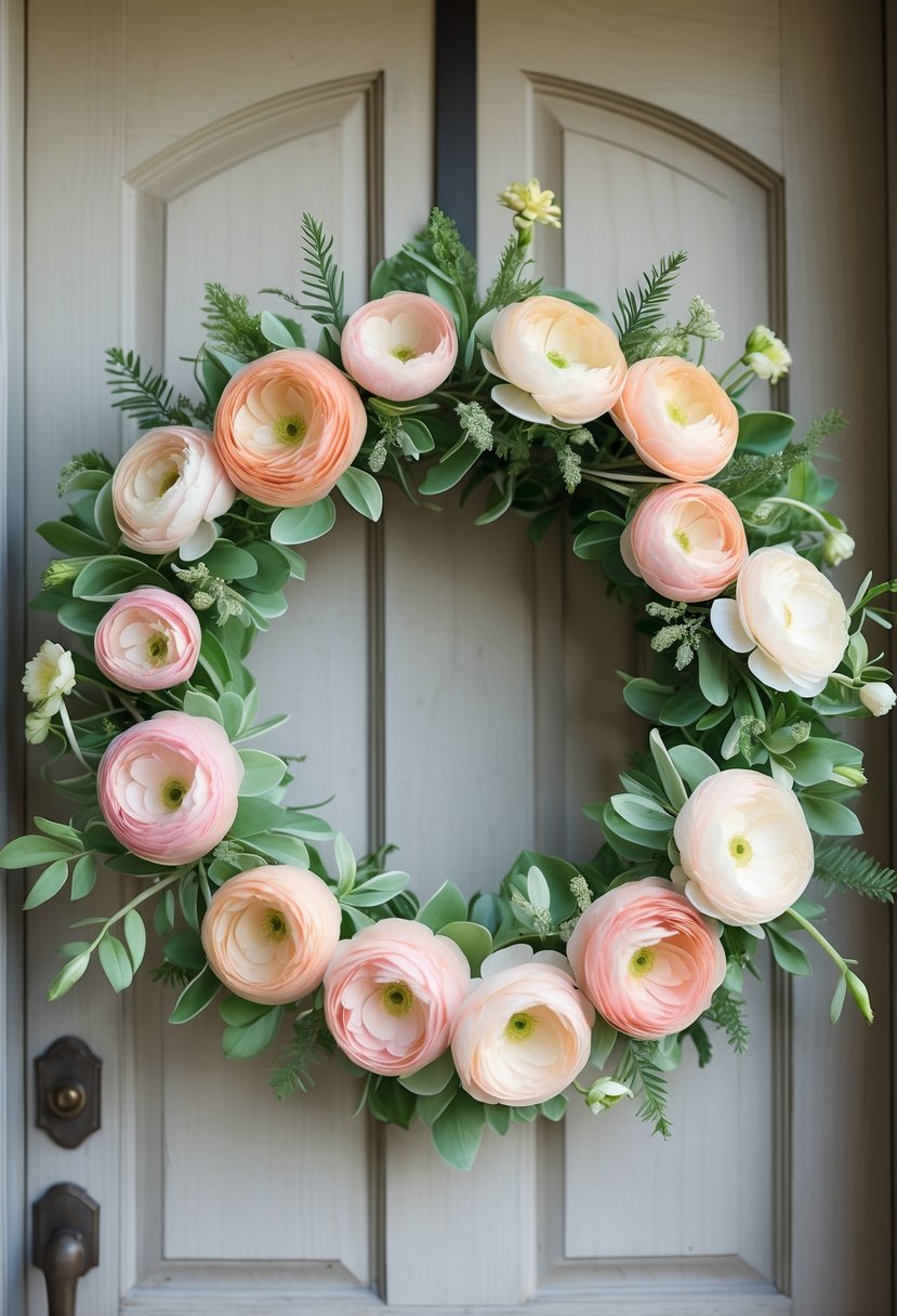 A pastel ranunculus flower wreath hanging on a wooden front door.