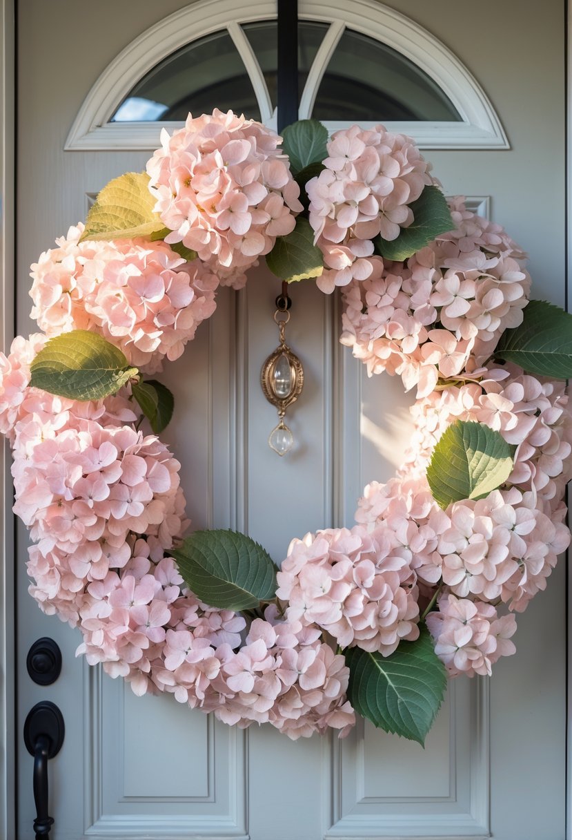 A soft pink hydrangea wreath hanging on a front door surrounded by green leaves.