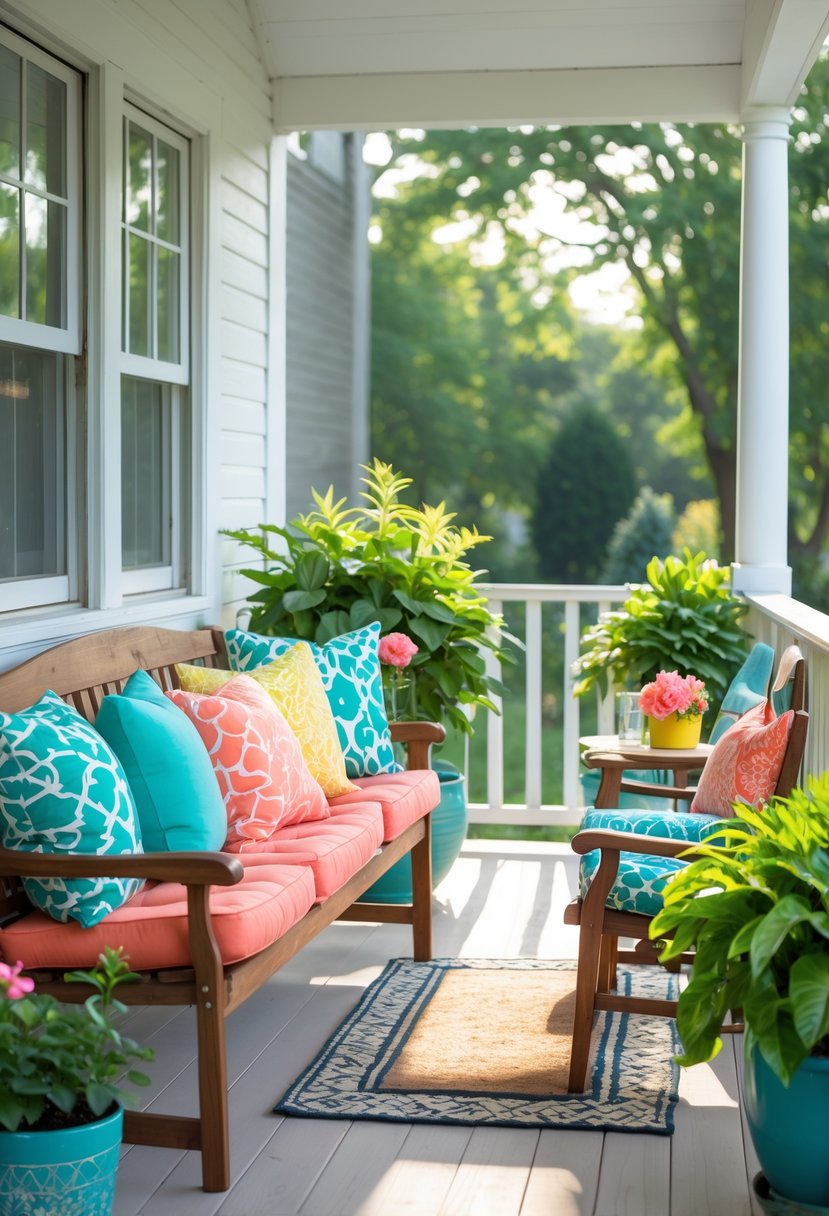 Small front porch with wooden bench and chairs featuring colorful outdoor cushions, surrounded by potted plants and natural sunlight.