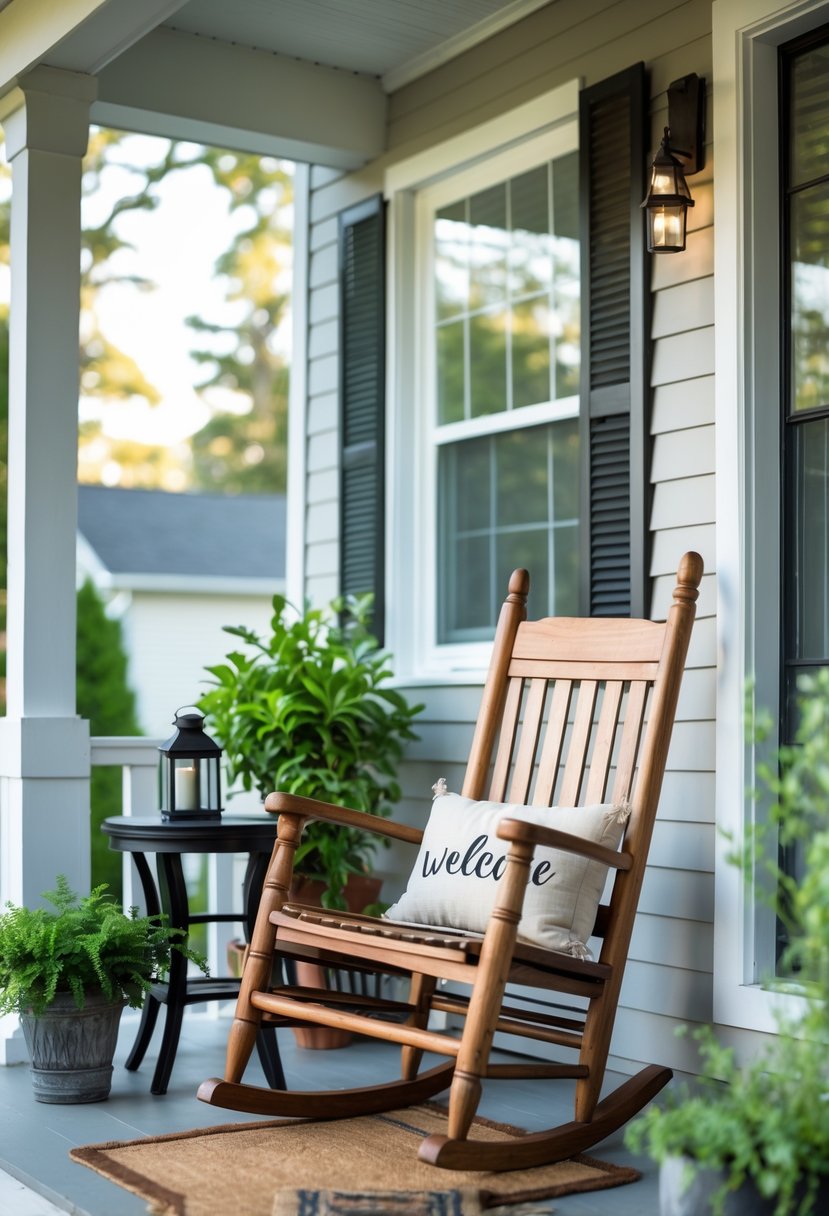 A small front porch with a classic wooden rocking chair, potted plants, and a side table with a lantern.