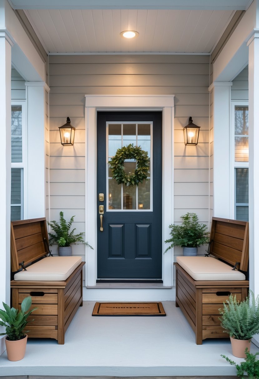 Small front porch with two wooden storage benches with cushioned tops, potted plants, and a welcoming entrance door.