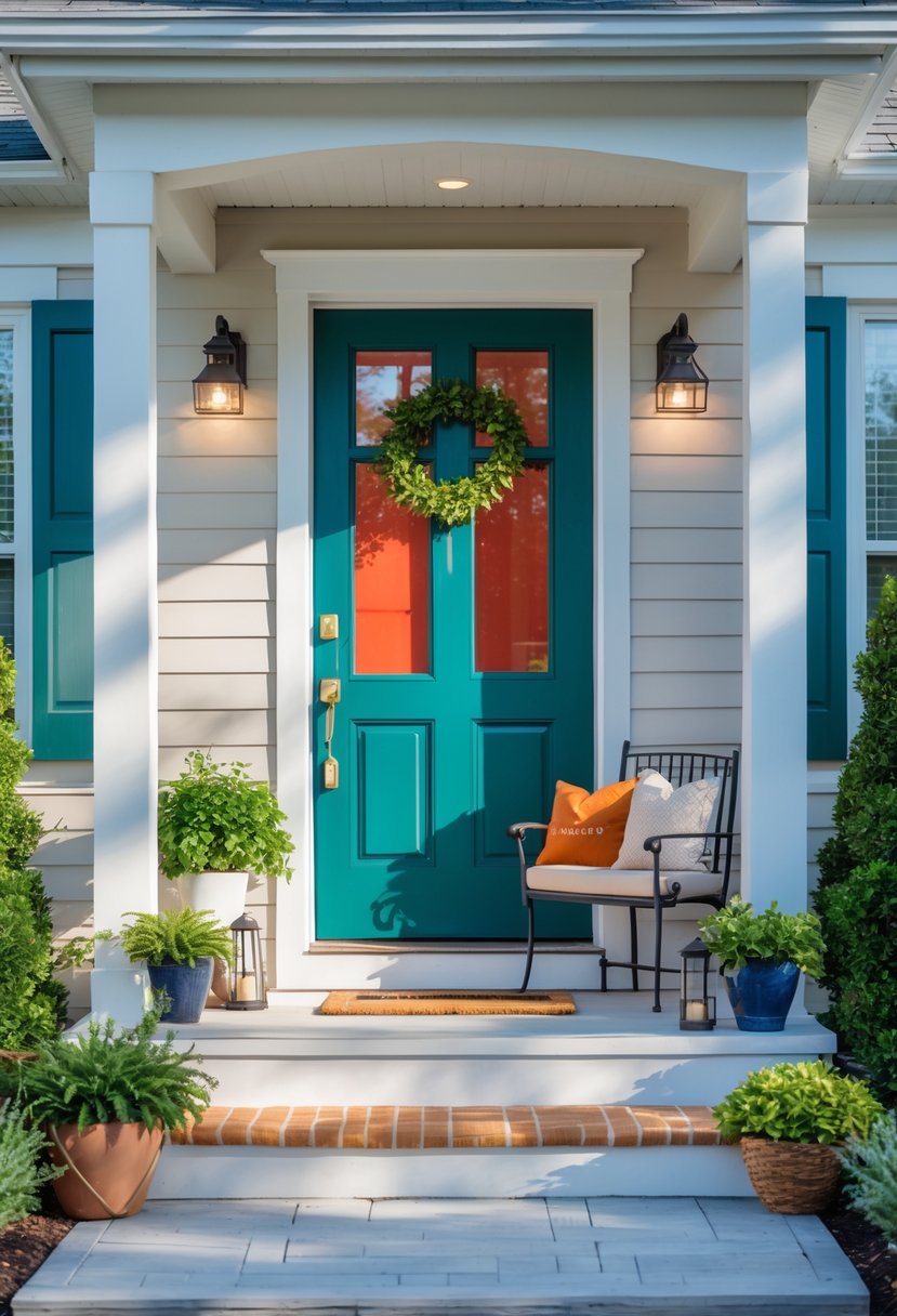 A small front porch with a brightly painted front door and decorative plants and seating.