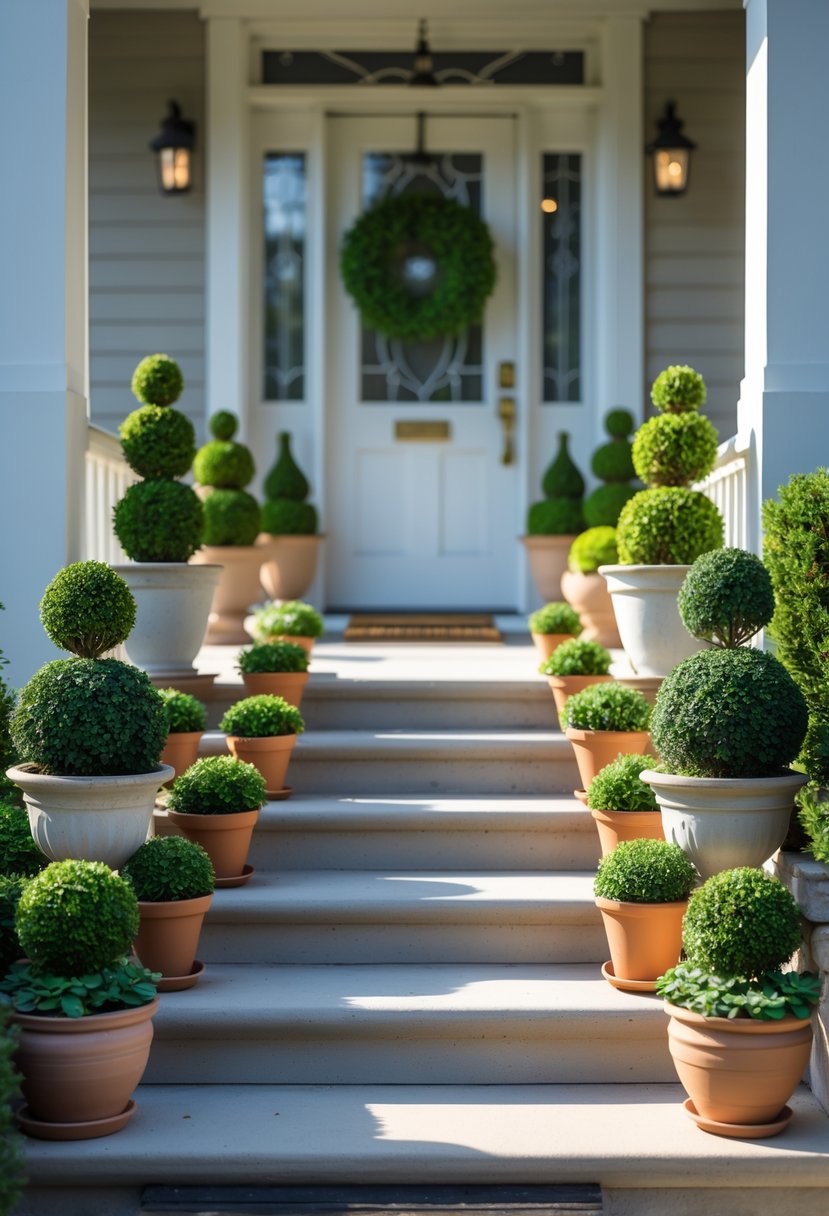 A front porch with thirteen small potted topiary plants arranged along the steps leading to the door.