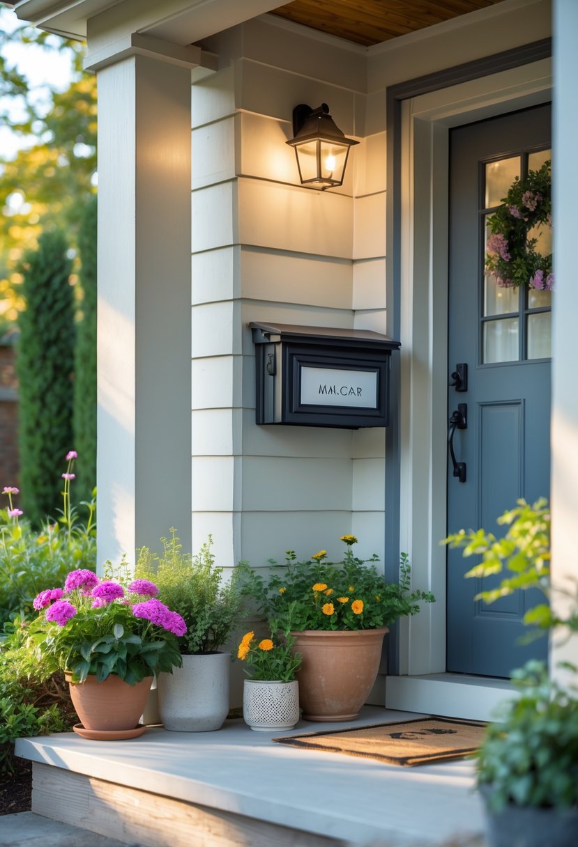 A small front porch with a wall-mounted mailbox next to the front door, decorated with potted plants and outdoor lighting.