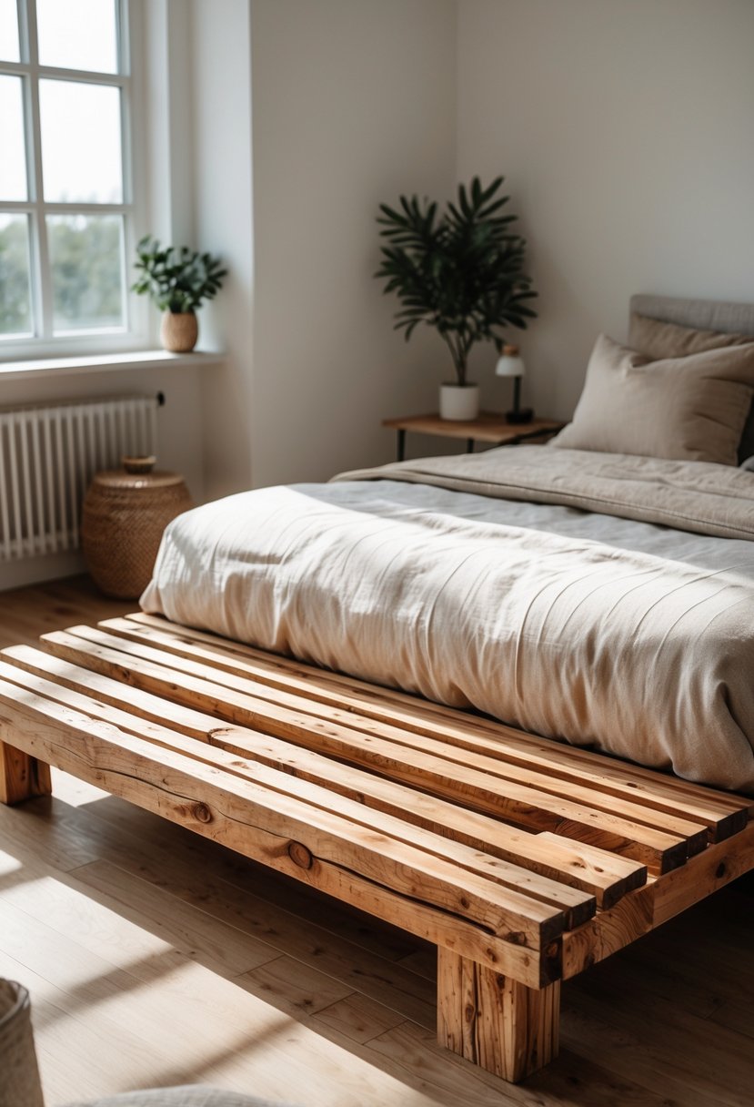 A rustic wooden slat bed frame with a mattress and neutral bedding in a bright bedroom with a wooden floor and a small bedside table with a plant.
