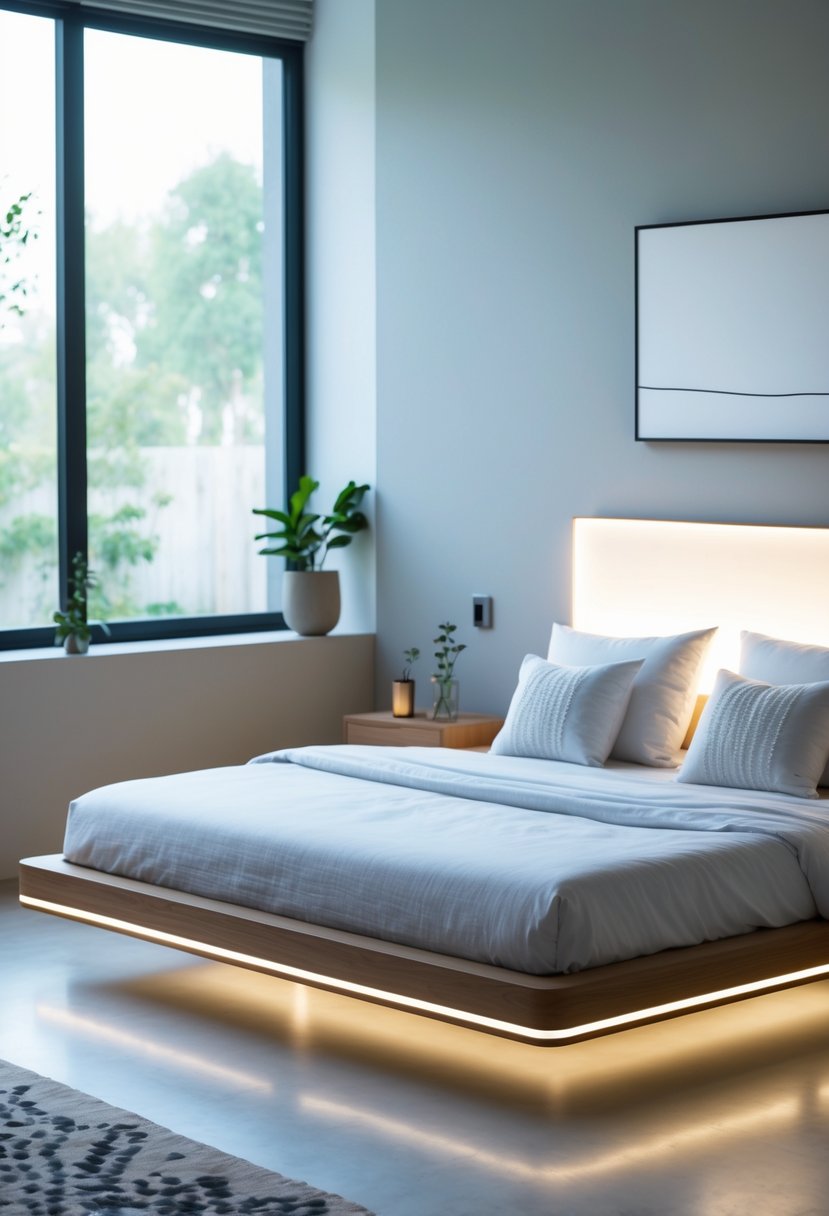A floating bed frame with LED lights glowing softly underneath in a bright, modern bedroom.