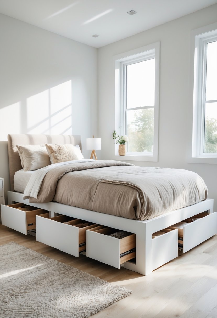 A bedroom with a raised platform bed featuring open under-bed storage drawers filled with organized items.
