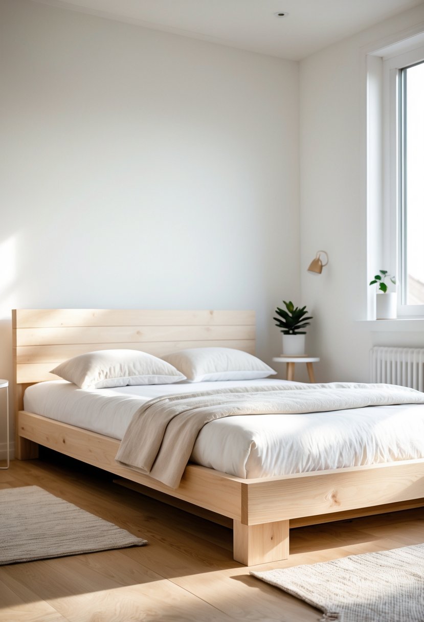 A low-profile wooden platform bed with white bedding in a bright, minimalist bedroom.