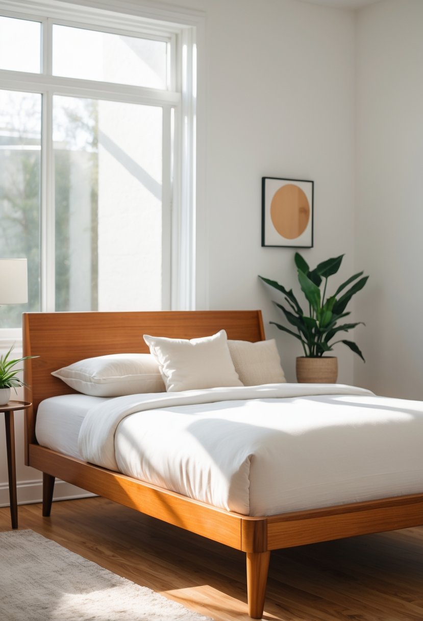 A neatly made bed with a wooden frame in a bright bedroom with natural light and minimal decor.