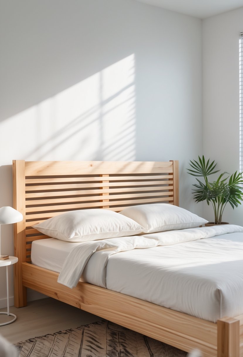 A wooden slatted bed frame with a mattress and white bedding in a bright bedroom with a bedside table and plant.