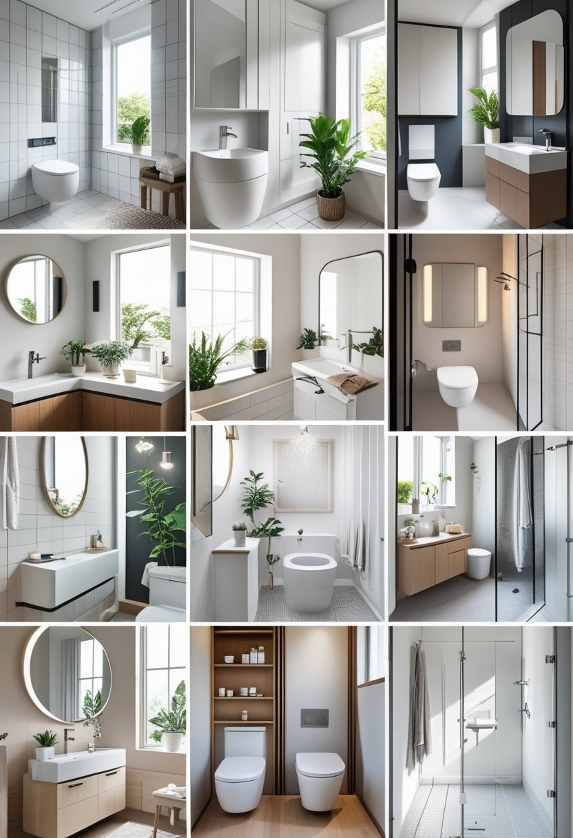 A collage of 19 small bathrooms showing various space-saving designs with vanities, toilets, sinks, and storage in bright, clean settings.