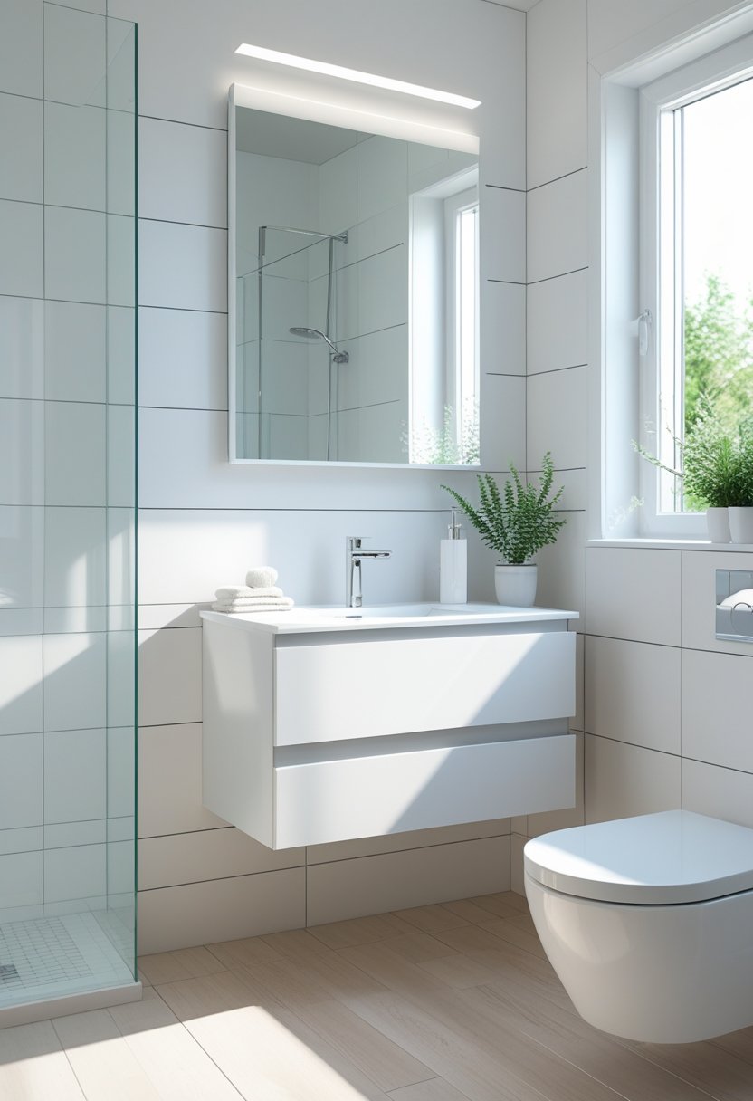 Small bathroom with a floating vanity and open floor space, featuring a sink, mirror, and natural light.