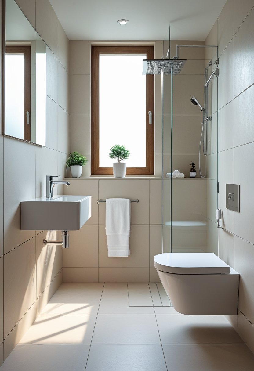 A small bathroom with large-format tiles on walls and floor, a wall-mounted sink, glass shower, and a toilet.