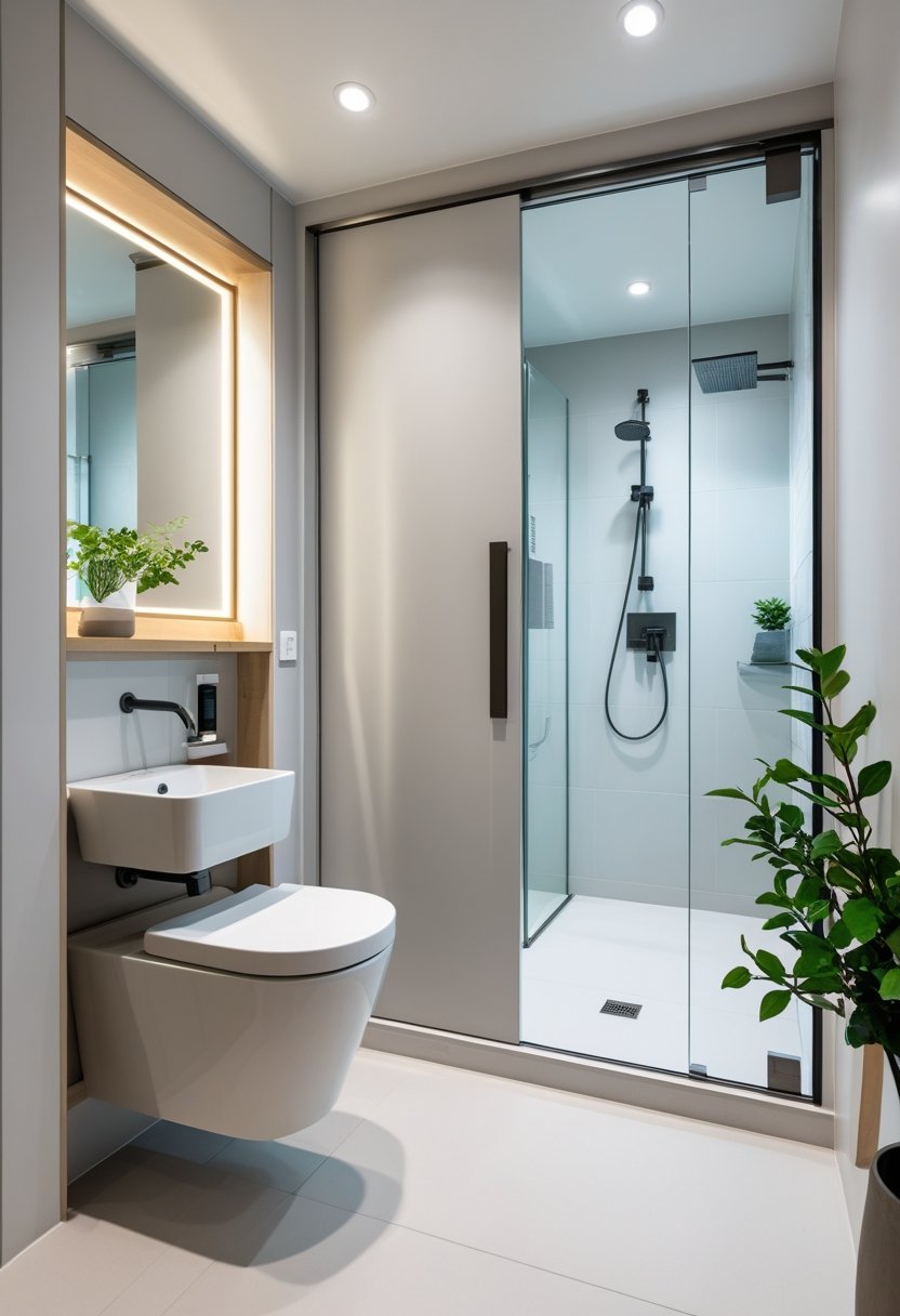 Small bathroom with a sliding pocket door, compact vanity, and walk-in shower.