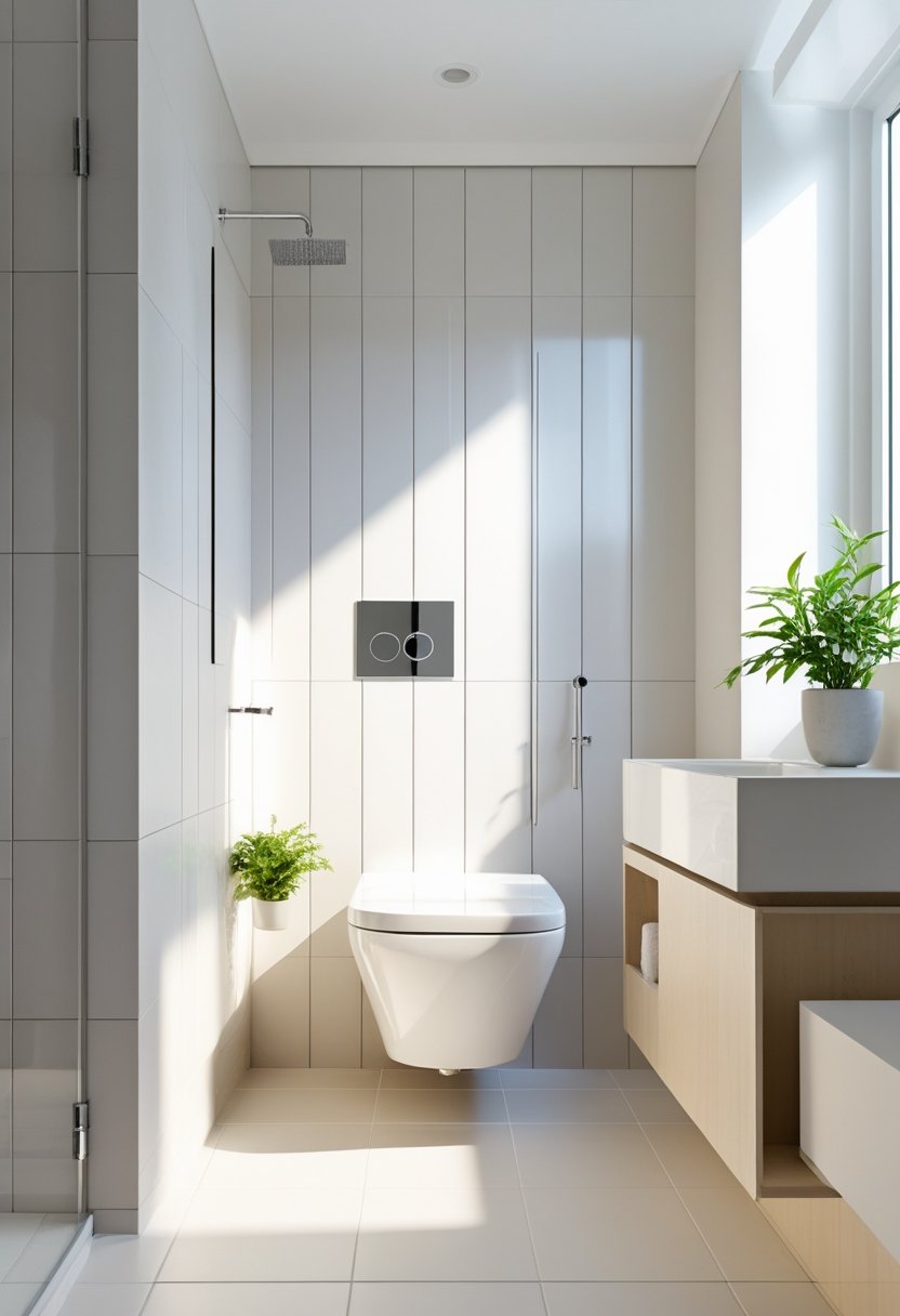 Small bathroom with a wall-mounted toilet and a compact vanity.