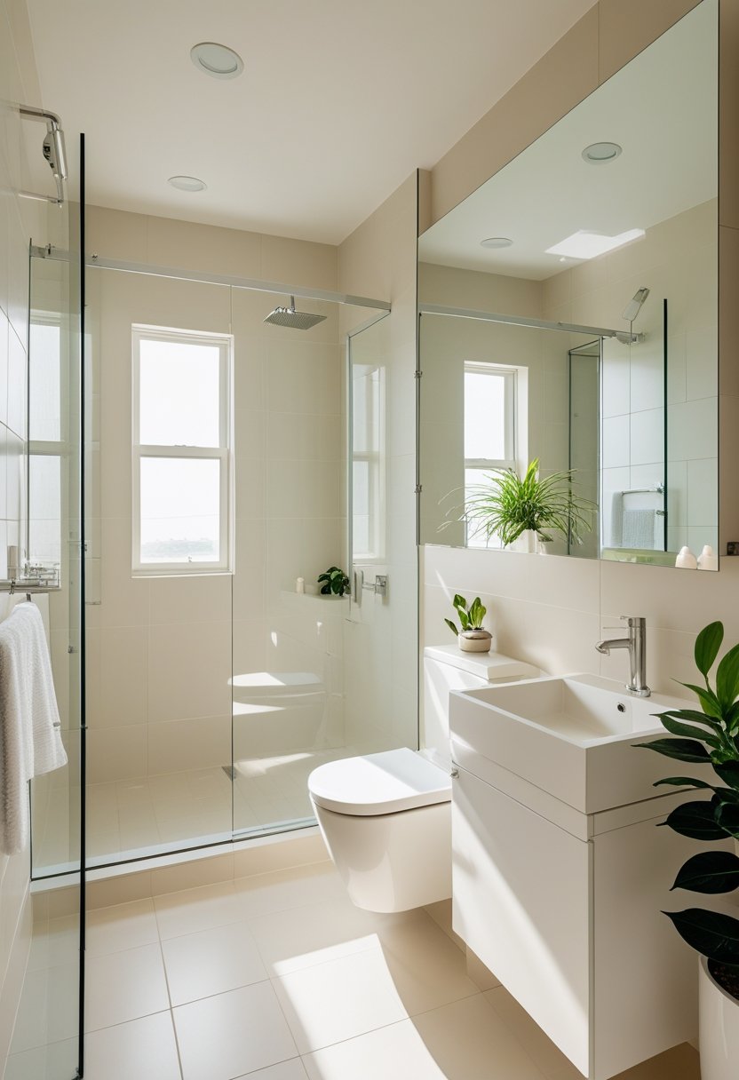 A small bathroom with light-colored walls, a white vanity, a glass shower, and a small plant.