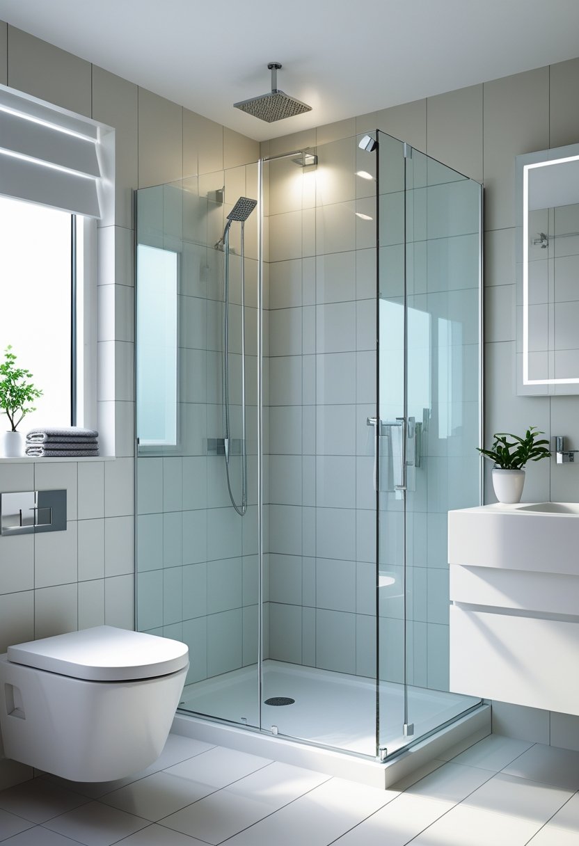 Small bathroom with a clear glass shower enclosure, white vanity, and natural light.