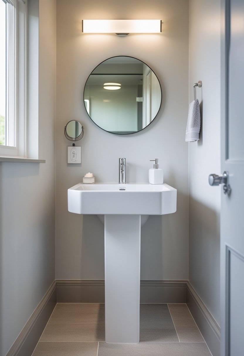 Small bathroom with a white pedestal sink and a round mirror above it.