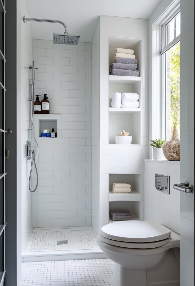 Small bathroom with recessed shelving in the shower and above the toilet for extra storage.