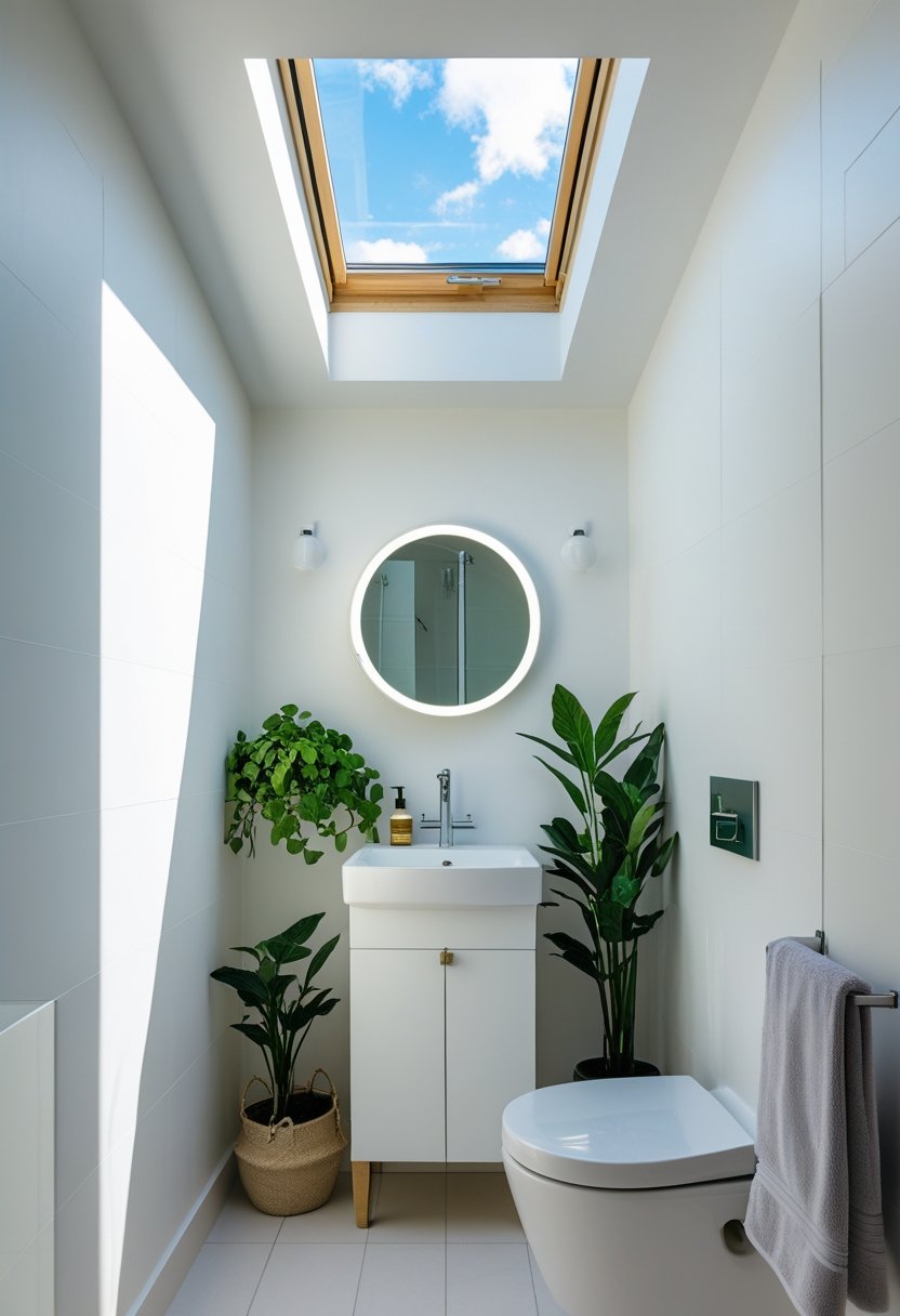 A small windowless bathroom illuminated by natural light coming through a skylight in the ceiling, featuring a vanity with a mirror and green plants.