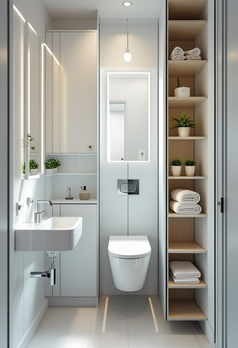 A small bathroom with tall cabinets and narrow shelves used for storage, showing an organized and tidy space.