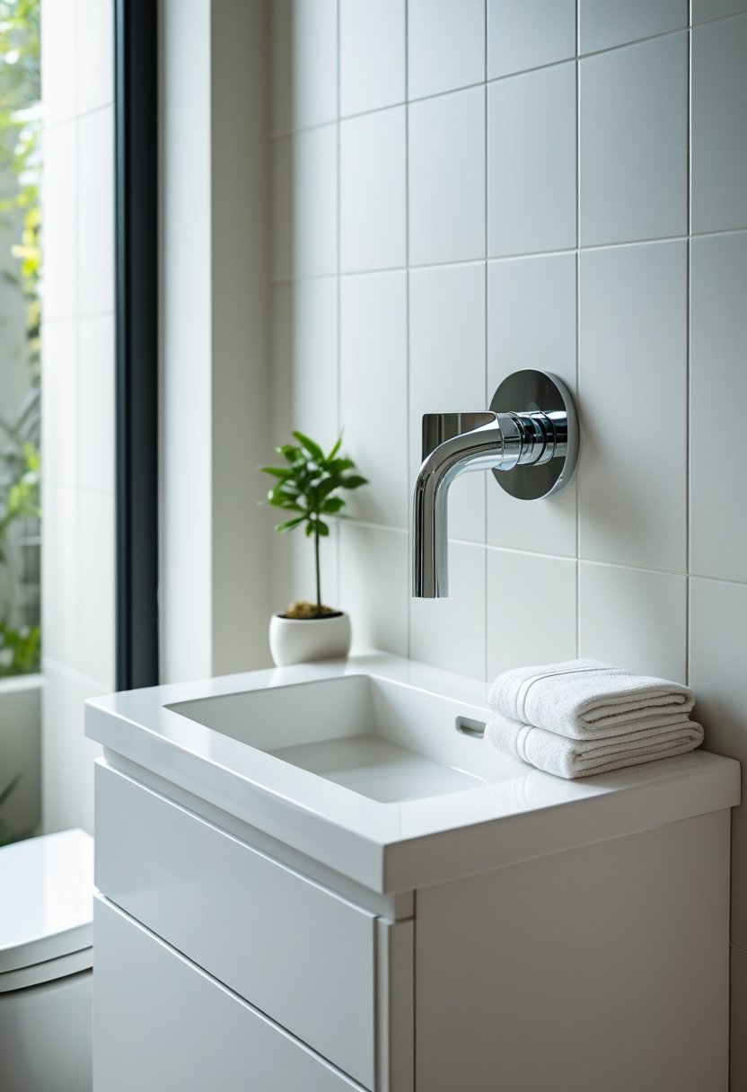 A small bathroom with a wall-mounted faucet above a clean white vanity countertop and a light tiled wall.