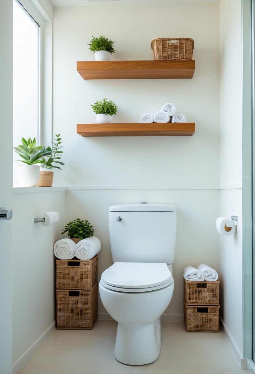 Small bathroom with floating shelves installed above the toilet holding towels and decorative items.