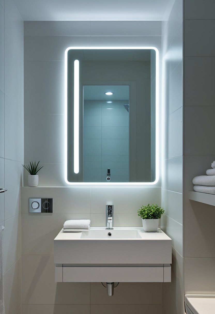 Small modern bathroom with a wall-mounted mirror featuring integrated LED lighting, a white sink, and light-colored tiles.
