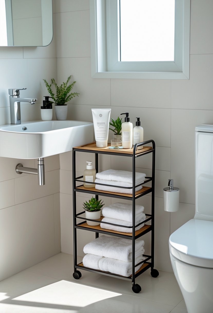 Small bathroom with a narrow rolling cart beside the sink holding toiletries and towels.