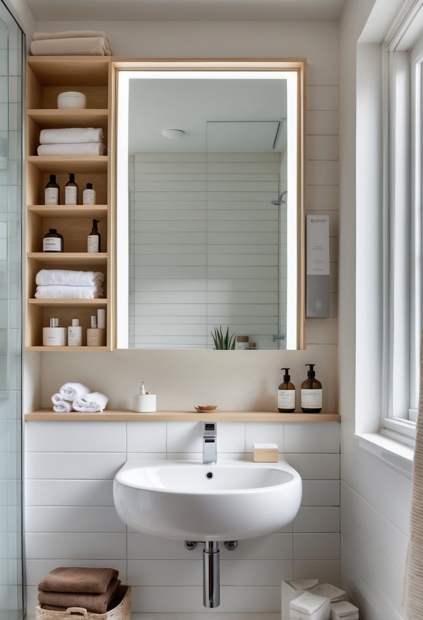 A small bathroom with a recessed medicine cabinet with mirrored door above a sink, showing organized storage and toiletries.