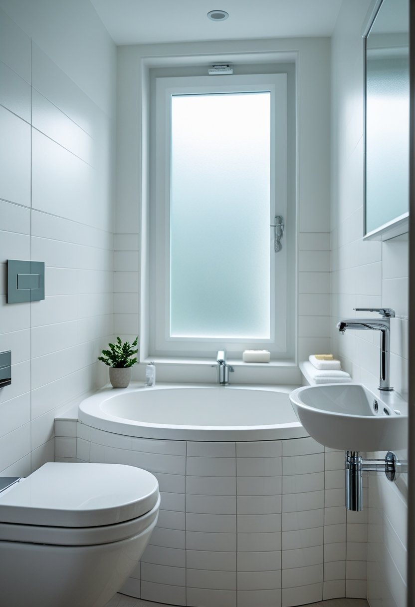 Small bathroom with a compact round corner bathtub, a sink, and natural light coming through a window.