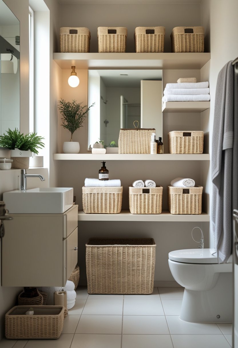 Small bathroom with open shelves holding baskets for organized storage, a vanity with sink, and a wall mirror.